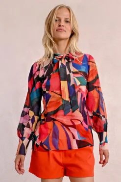 Blouse à col lavalière, à imprimé et en semi-transparence