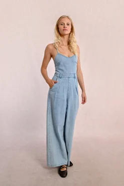 Combipantalon en denim à fines bretelles