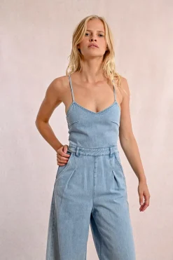 Combipantalon en denim à fines bretelles