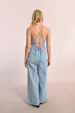 Combipantalon en denim à fines bretelles
