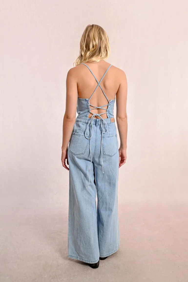 Combipantalon en denim à fines bretelles