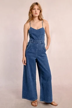 Combipantalon en denim à fines bretelles