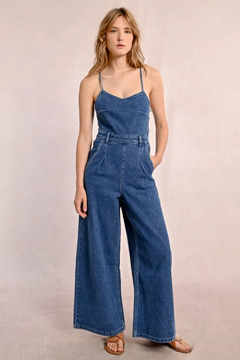 Combipantalon en denim à fines bretelles