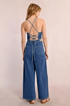 Combipantalon en denim à fines bretelles