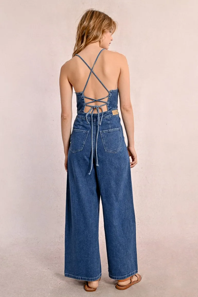 Combipantalon en denim à fines bretelles
