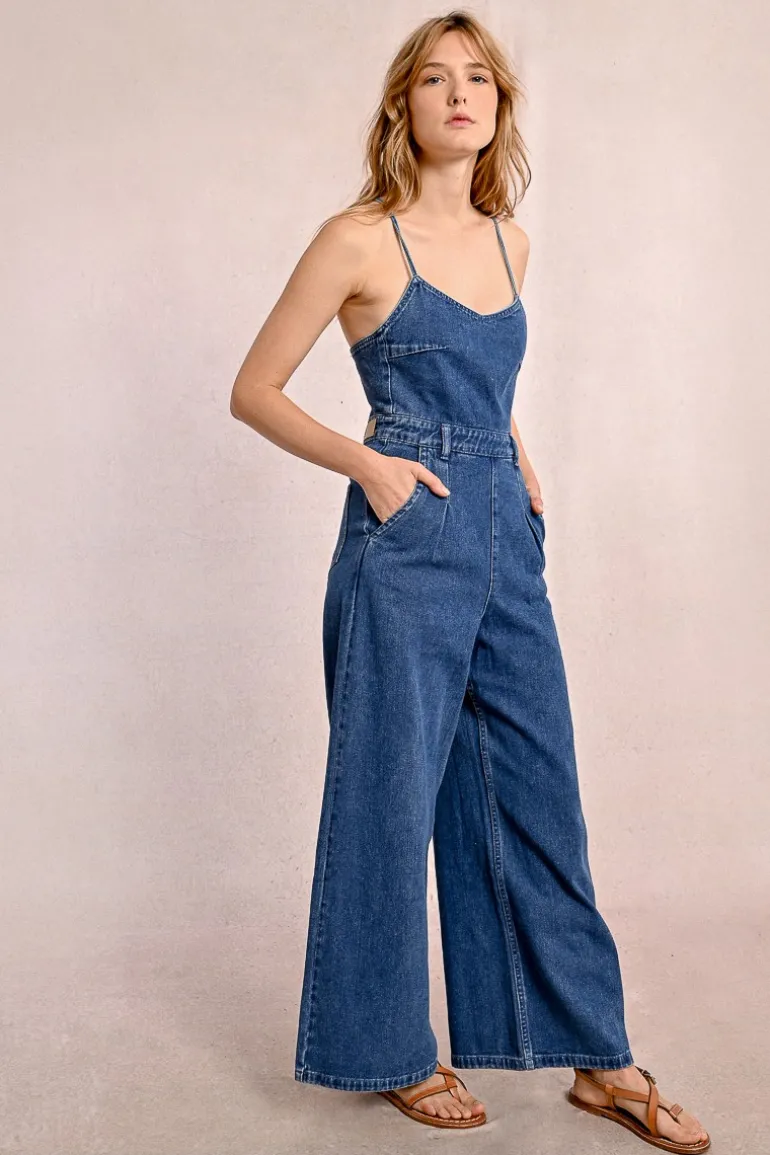 Combipantalon en denim à fines bretelles