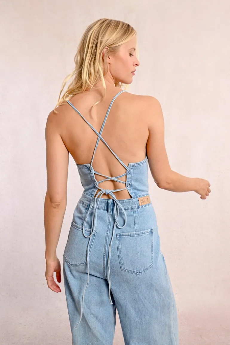 Combipantalon en denim à fines bretelles