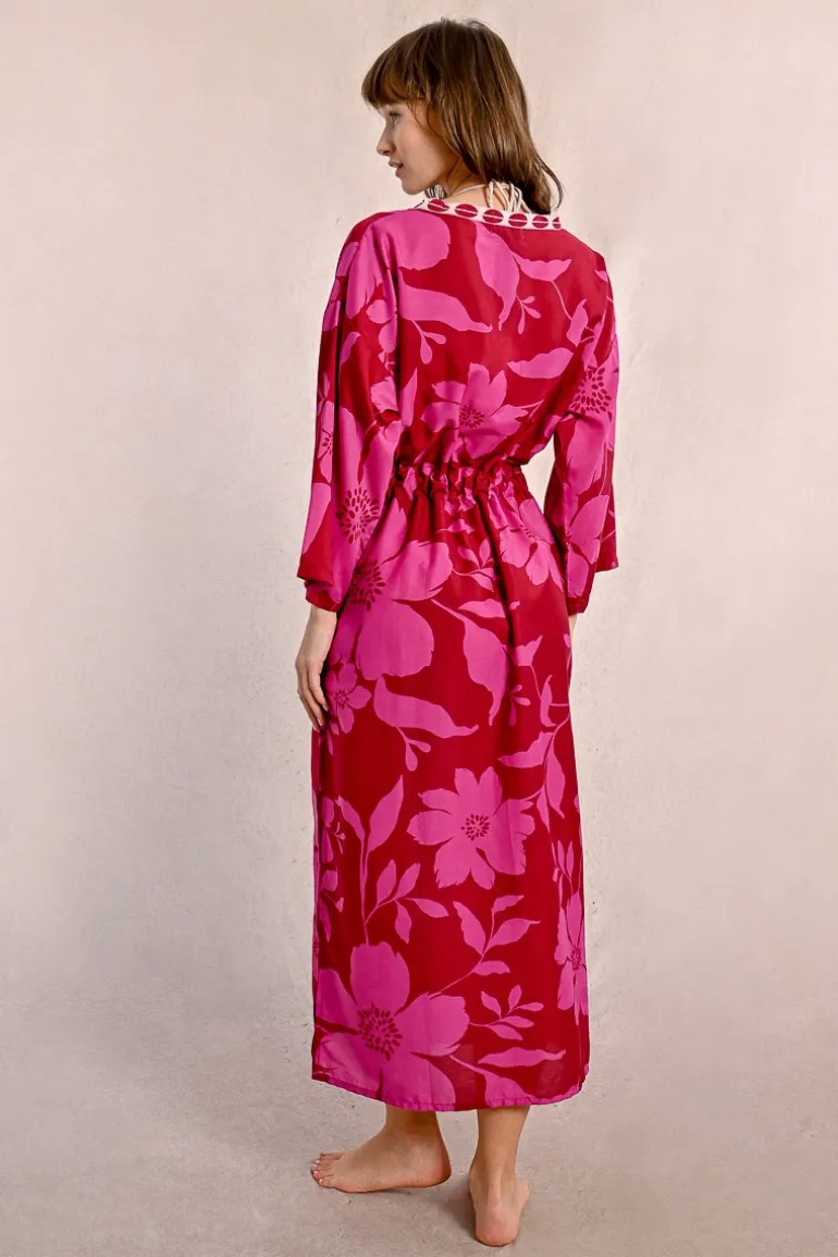Long kimono ceinturé, imprimé floral
