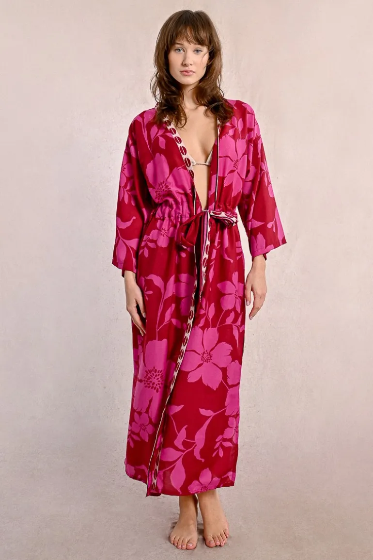 Long kimono ceinturé, imprimé floral