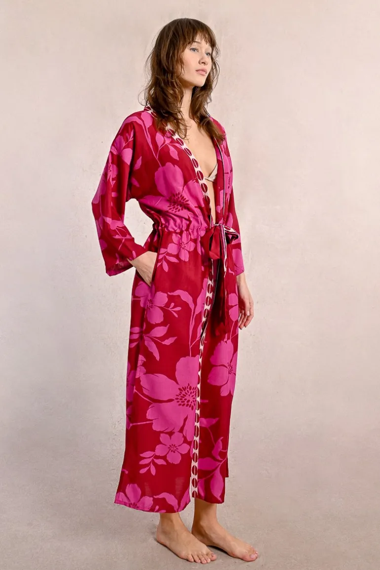 Long kimono ceinturé, imprimé floral