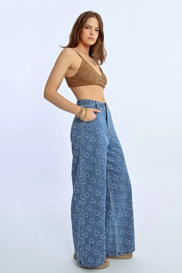 Pantalon large à motif c艙ur