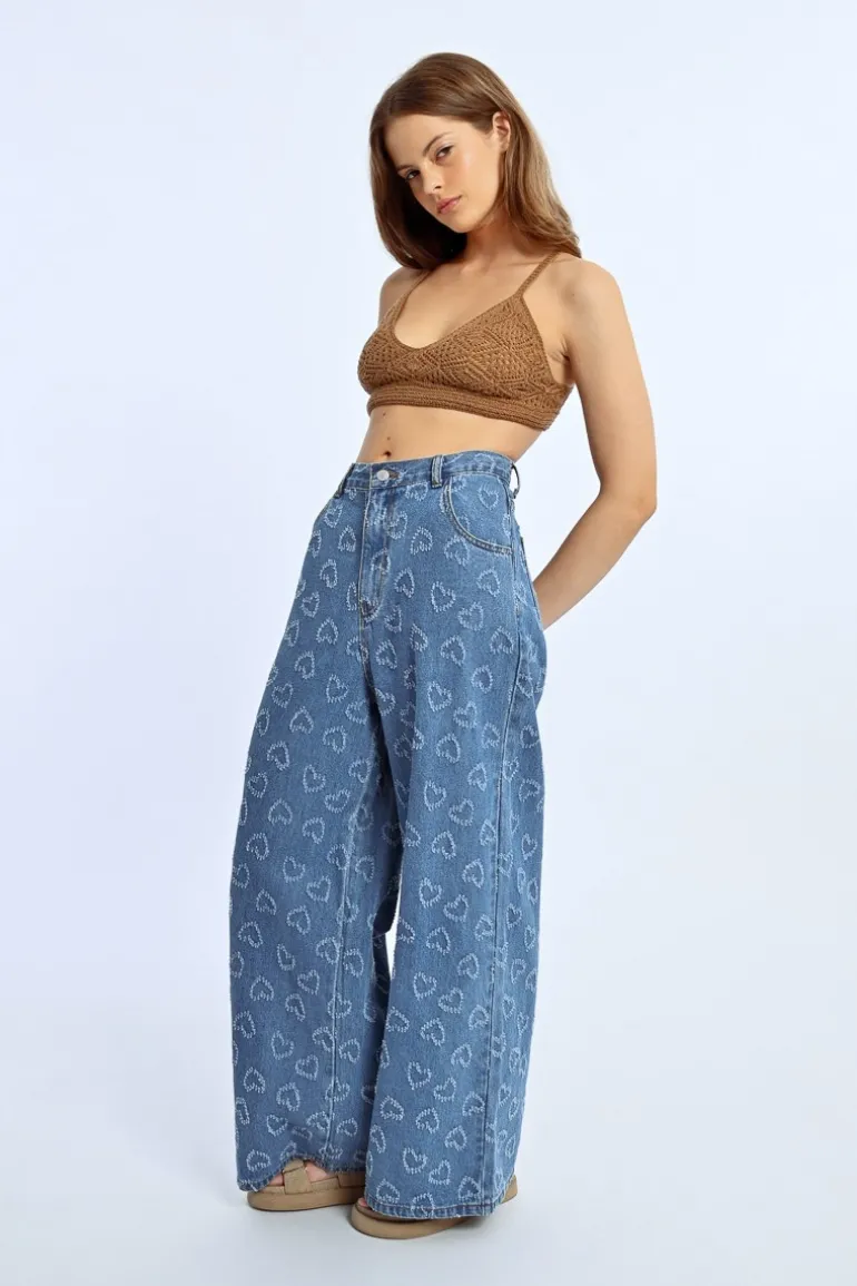 Pantalon large à motif c艙ur