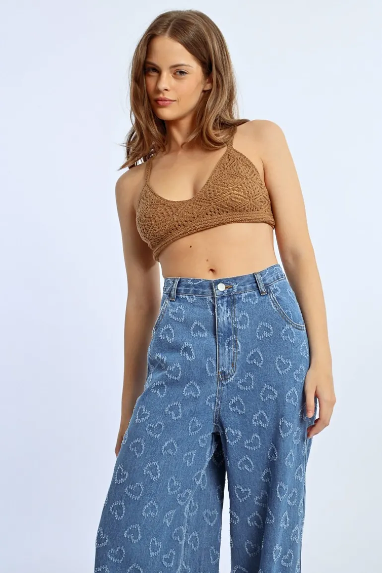 Pantalon large à motif c艙ur