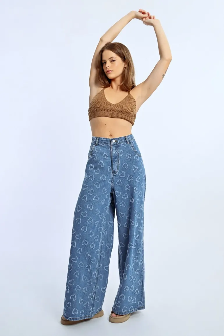 Pantalon large à motif c艙ur