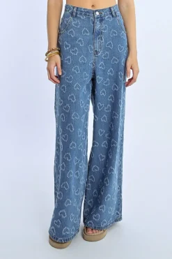 Pantalon large à motif c艙ur