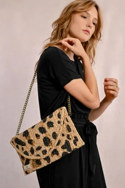 Pochette à clip en paille motif léopard