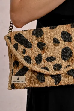 Pochette à clip en paille motif léopard