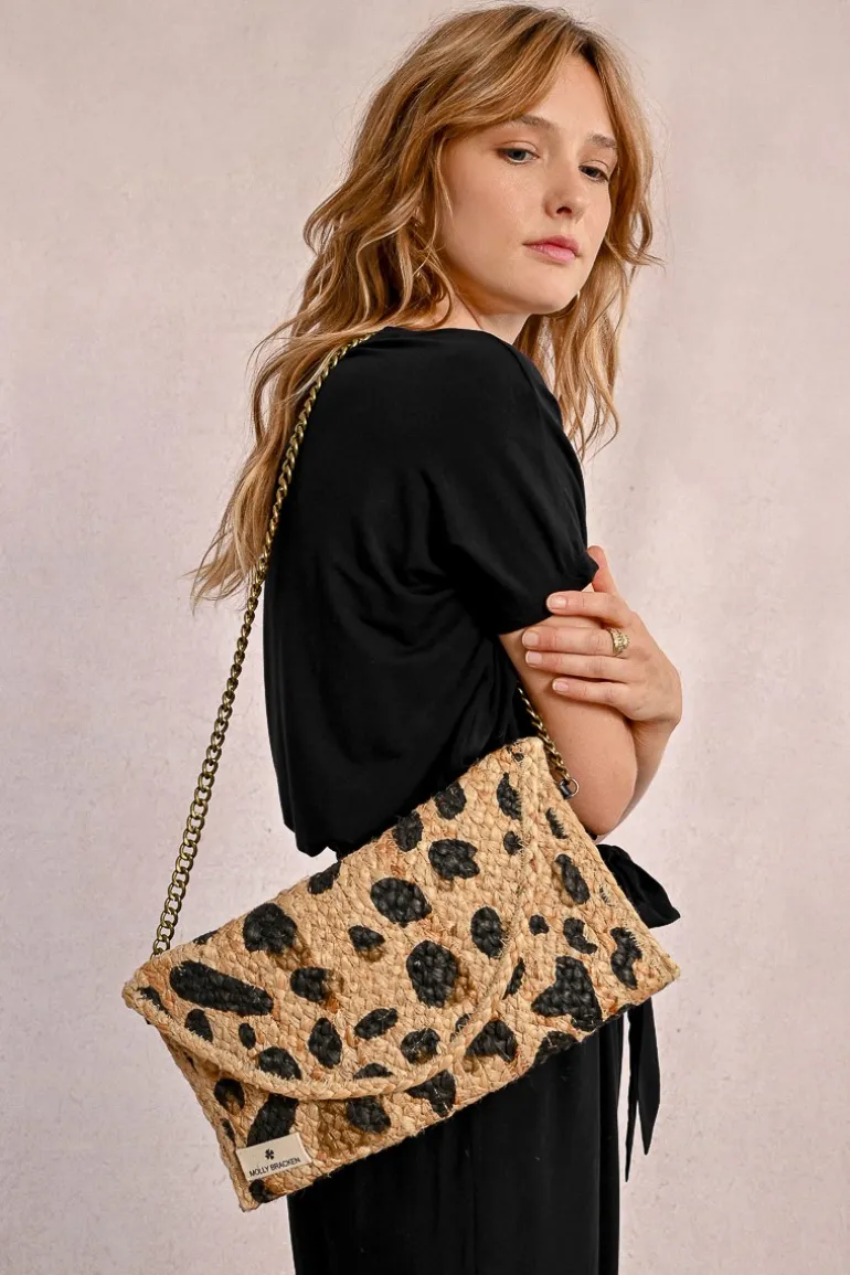 Pochette à clip en paille motif léopard