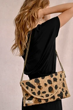 Pochette à clip en paille motif léopard
