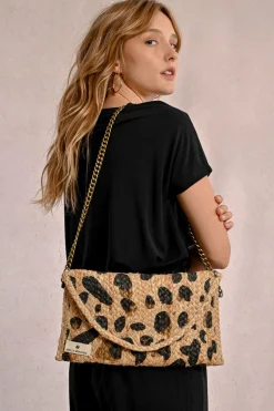 Pochette à clip en paille motif léopard
