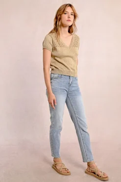 Pull en maille col V, manches courtes