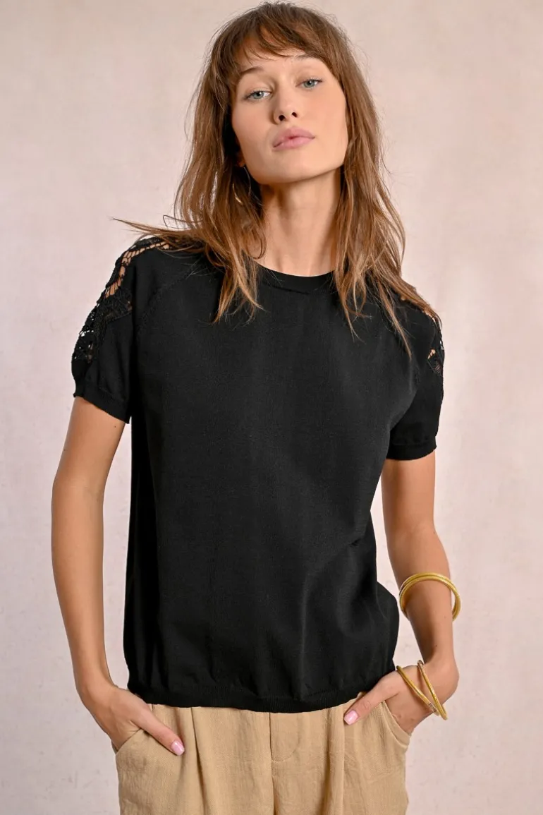 Pull en maille, manches courtes en dentelle