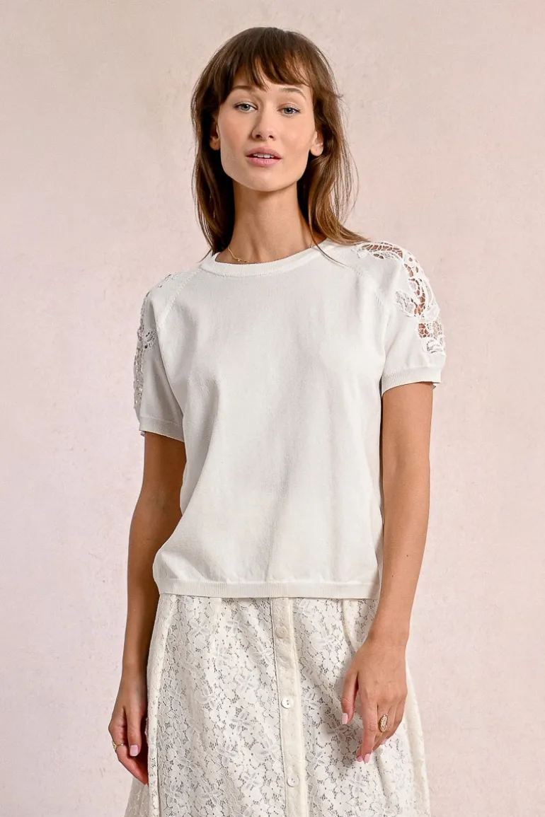 Pull en maille, manches courtes en dentelle
