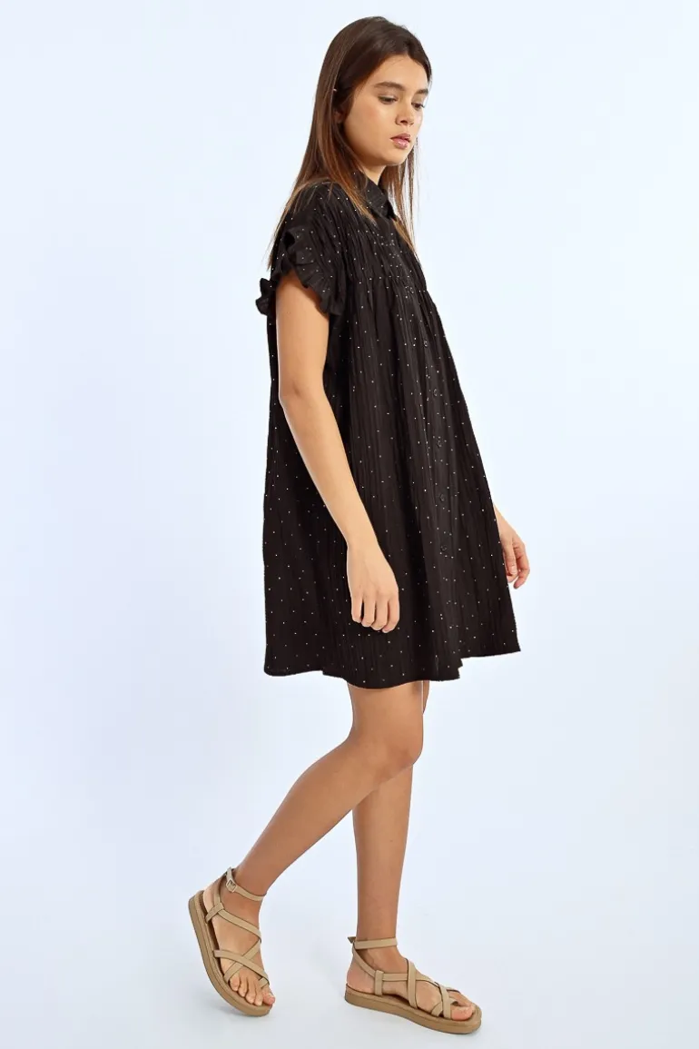 Robe chemise froncée à strass