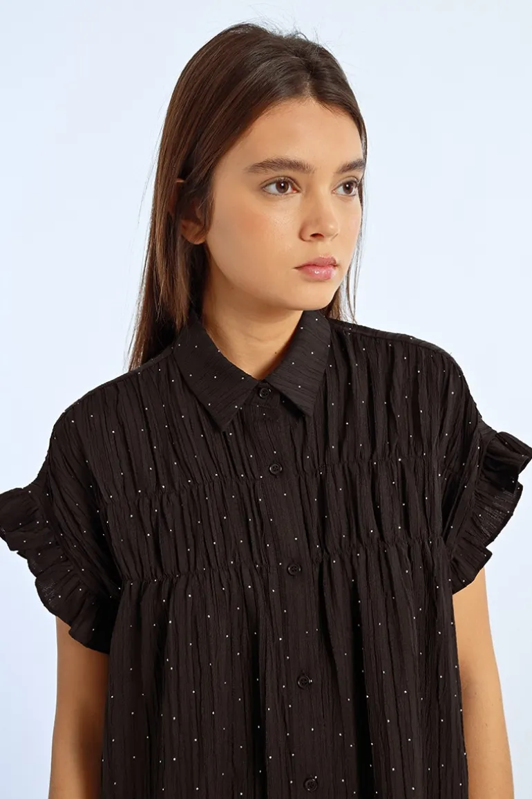 Robe chemise froncée à strass