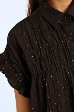 Robe chemise froncée à strass