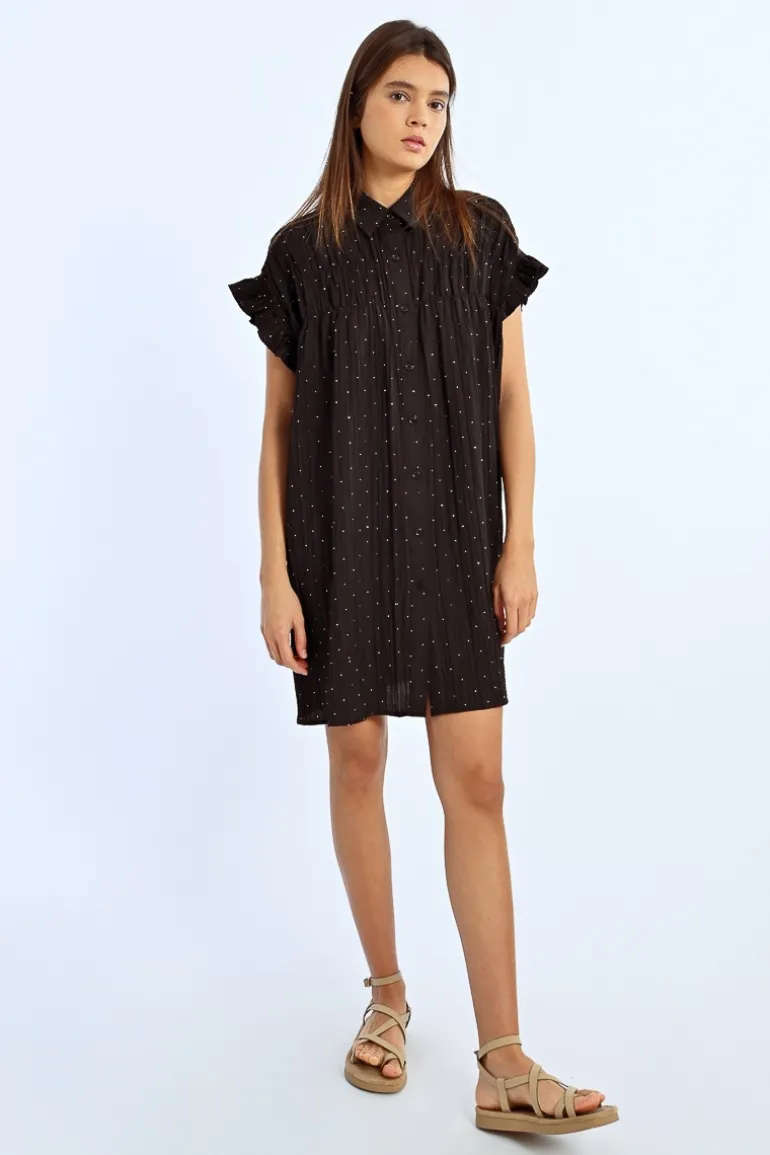 Robe chemise froncée à strass
