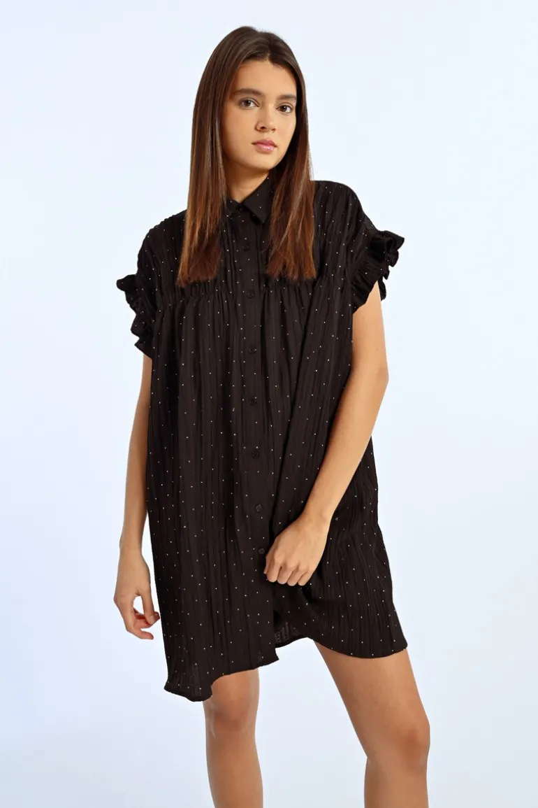 Robe chemise froncée à strass