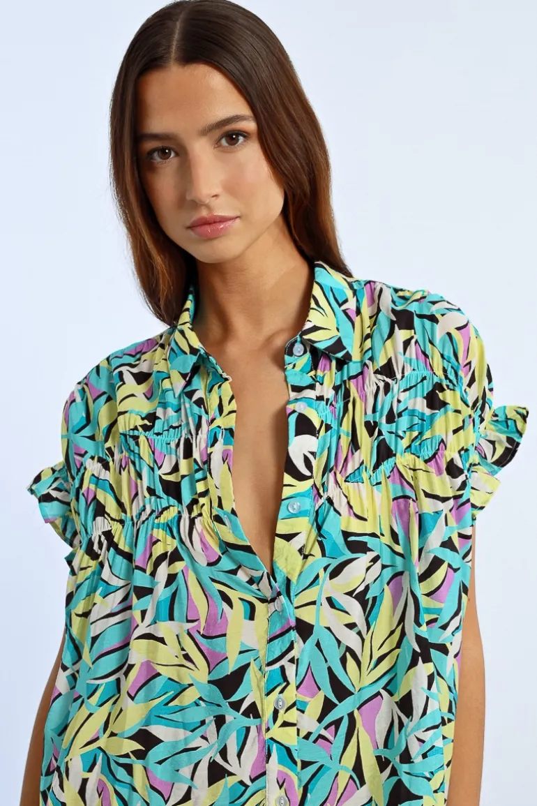 Robe chemise imprimée à fronces