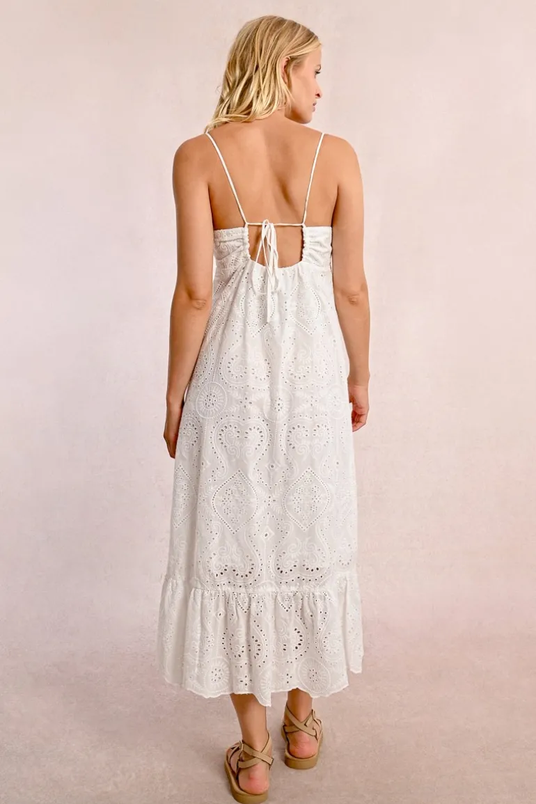 Robe longue à broderies anglaises, dos nu