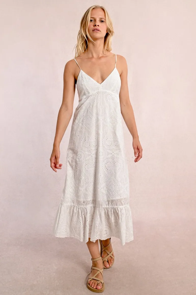 Robe longue à broderies anglaises, dos nu