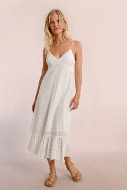 Robe longue à broderies anglaises, dos nu