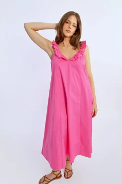 Robe longue, col à volants