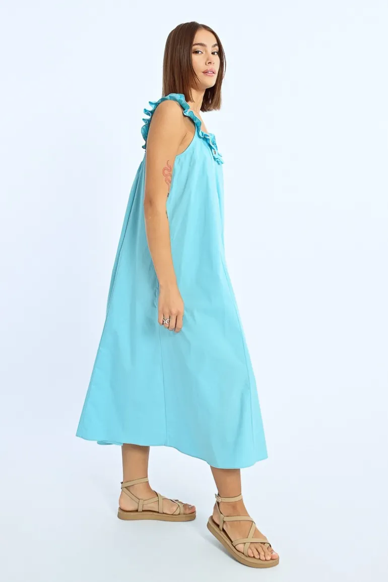 Robe longue, col à volants