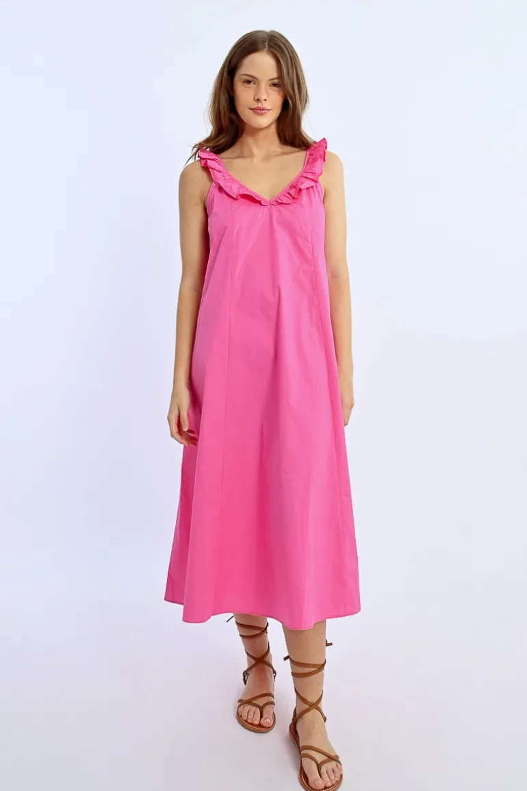 Robe longue, col à volants