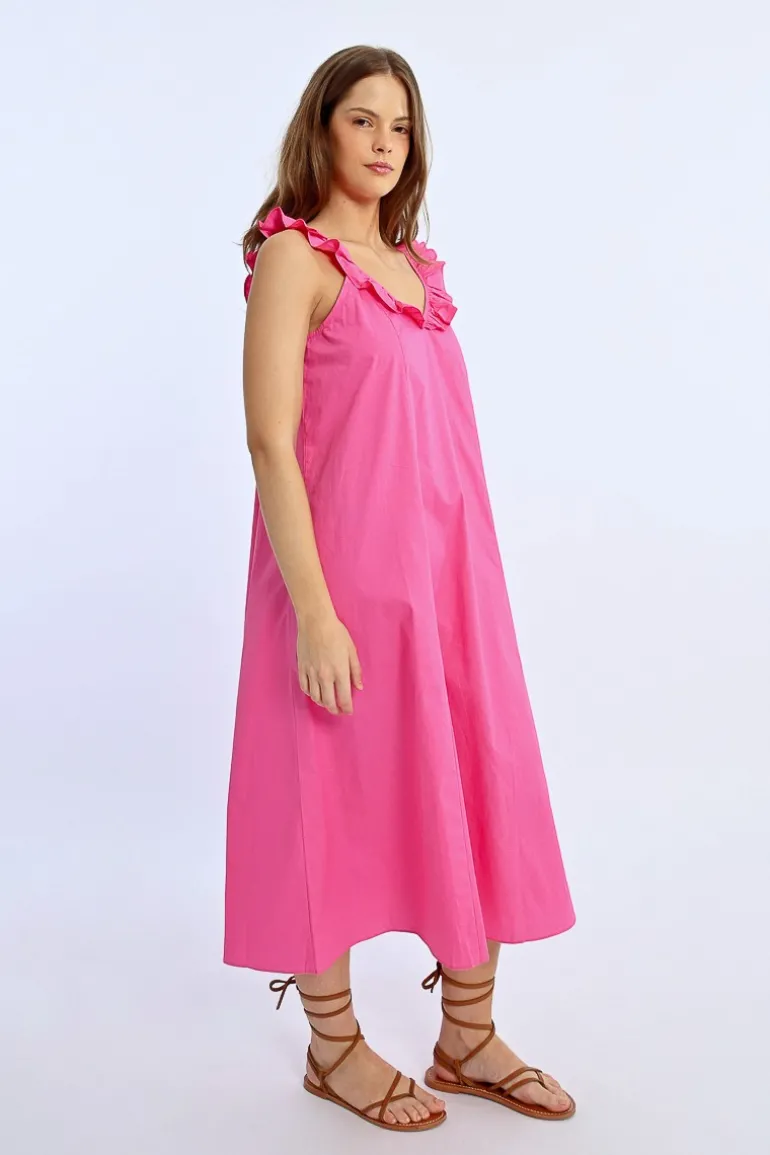 Robe longue, col à volants