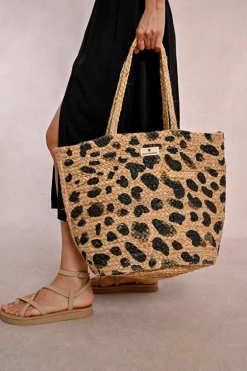 Sac cabas en paille, motif léopard