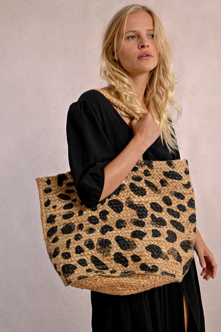 Sac cabas en paille, motif léopard