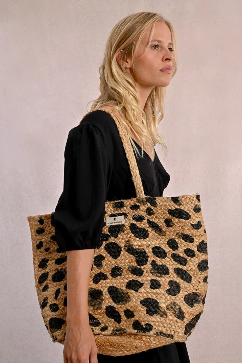 Sac cabas en paille, motif léopard