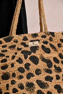 Sac cabas en paille, motif léopard