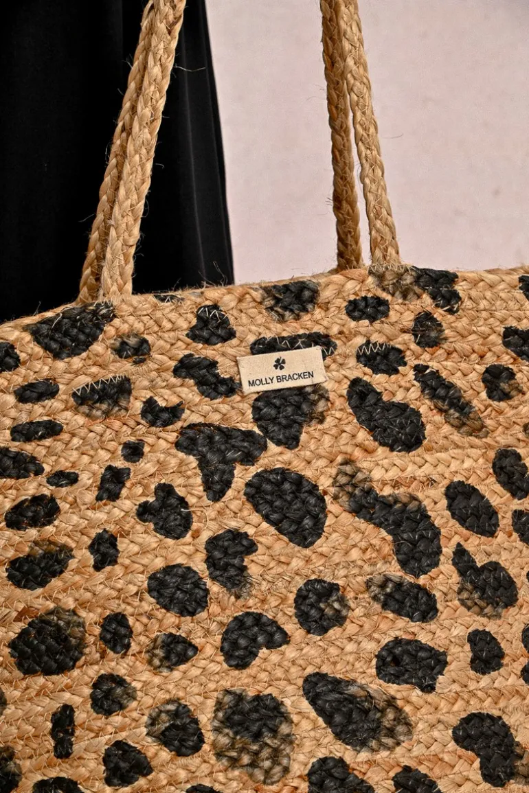 Sac cabas en paille, motif léopard