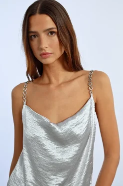 Top à bretelles à strass, effet satiné