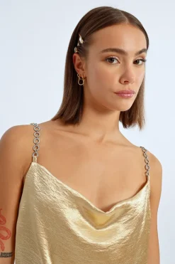 Top à bretelles à strass, effet satiné