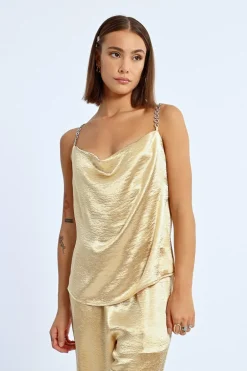 Top à bretelles à strass, effet satiné