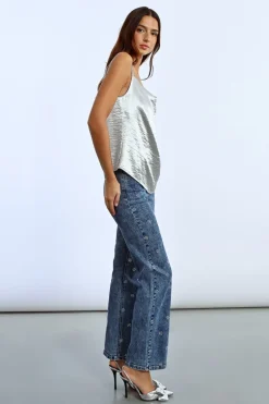 Top à bretelles à strass, effet satiné