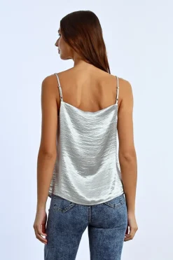 Top à bretelles à strass, effet satiné